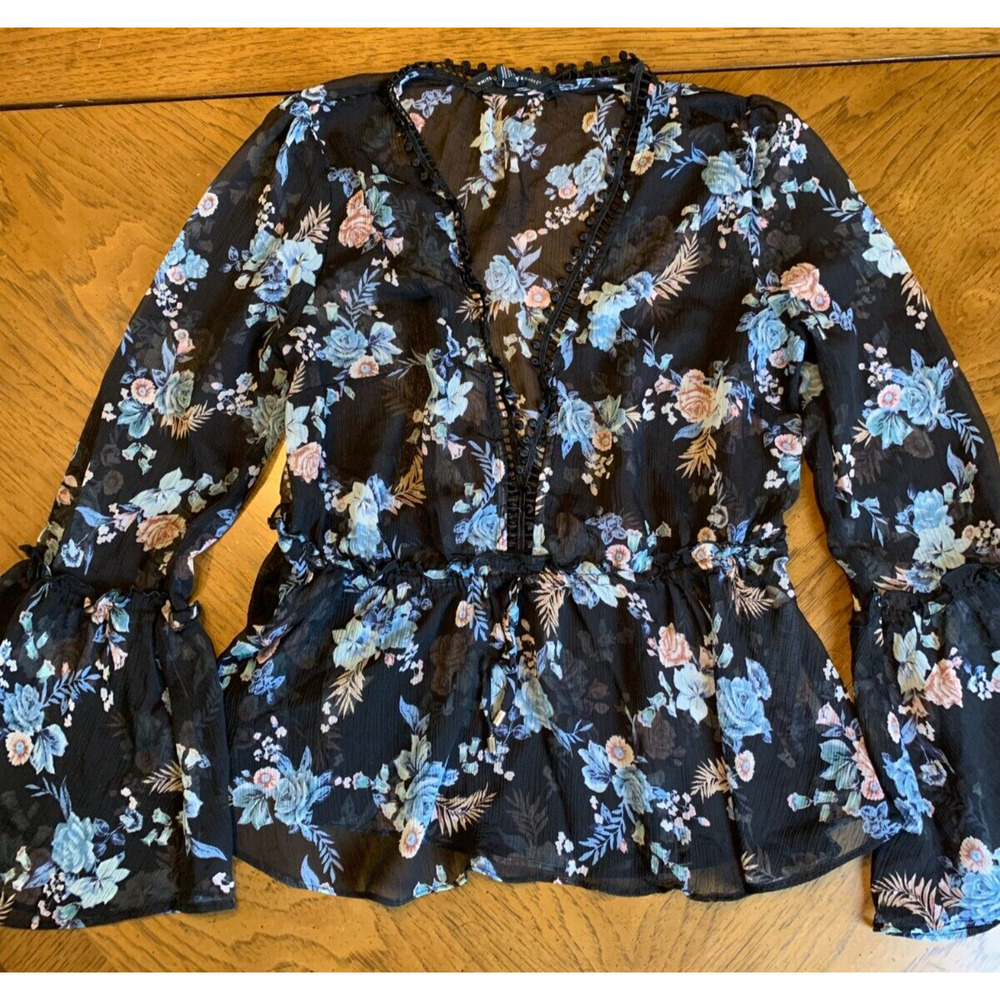 White House Black Market Black Peplum Semi Sheer Blouse Size MP